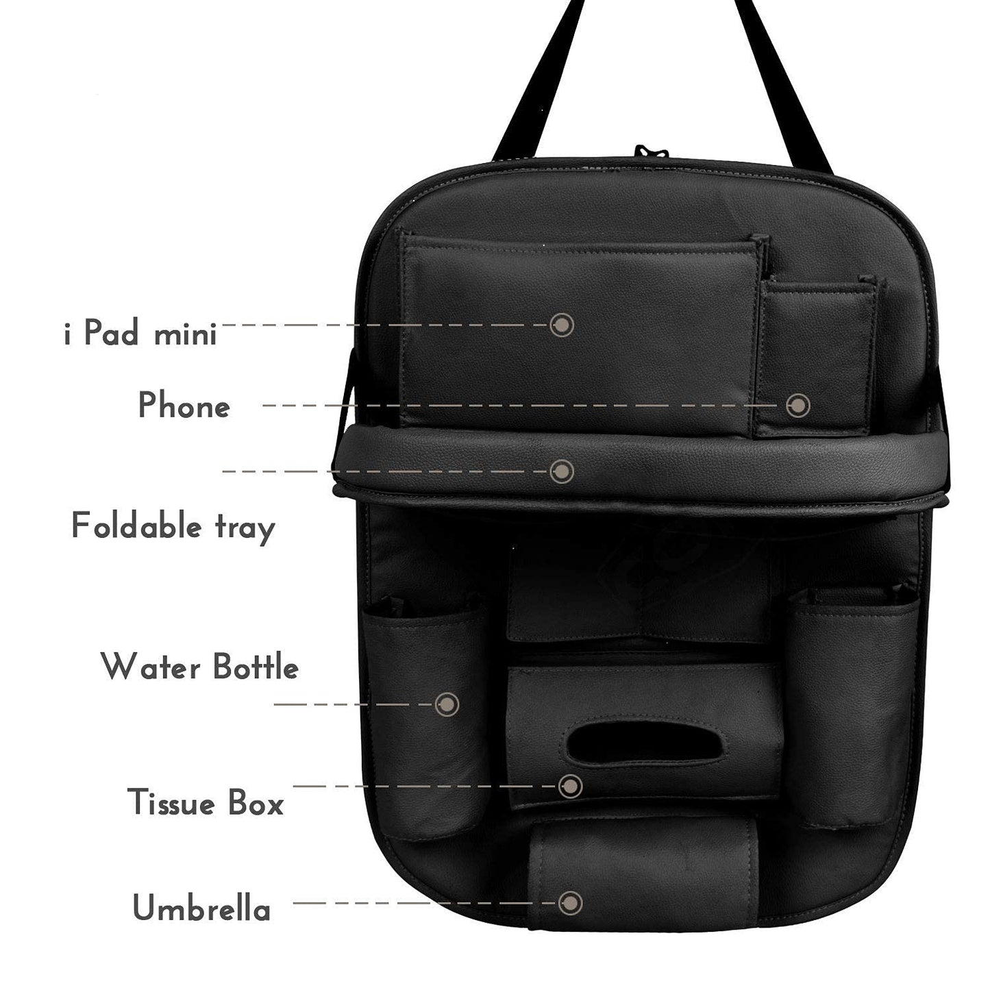 Oshotto Car Backseat Storage Organizer with Foldable Tray, Multi-Pocket for Bottles, Tissue Boxes Compatible with All Cars (Black)