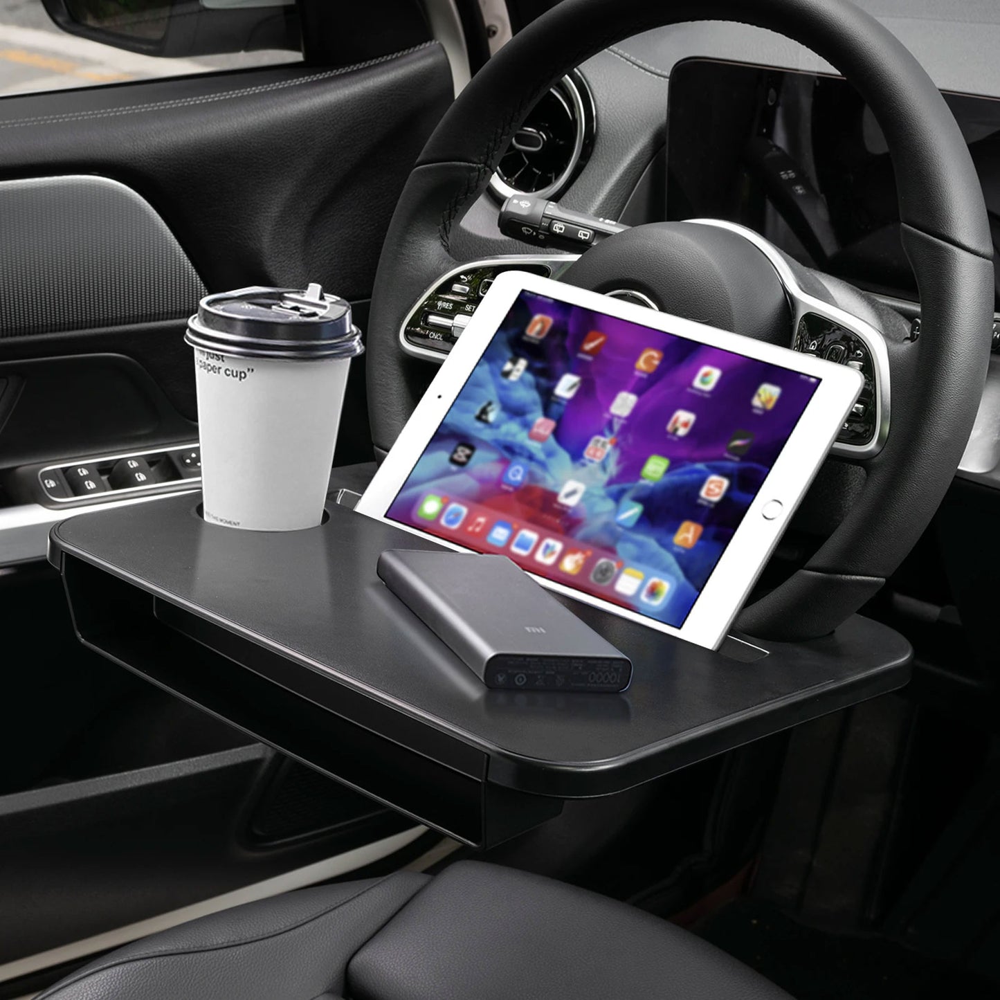 Oshotto FT-06 Dual Purpose Car Steering Wheel Rack Desk Vehicle seat Gap Organizer Dinning car Tray Table Cup Holder Compatible with All (Black)