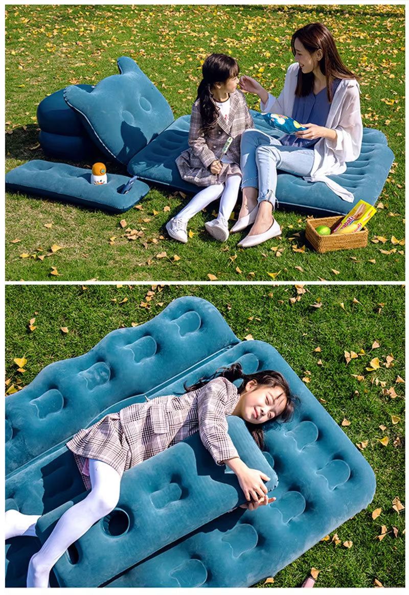 Oshotto Designer Thickend Car Travel Camping Portable Bed Air Mattress with Pillow, Car Air Pump for Cars (Blue)