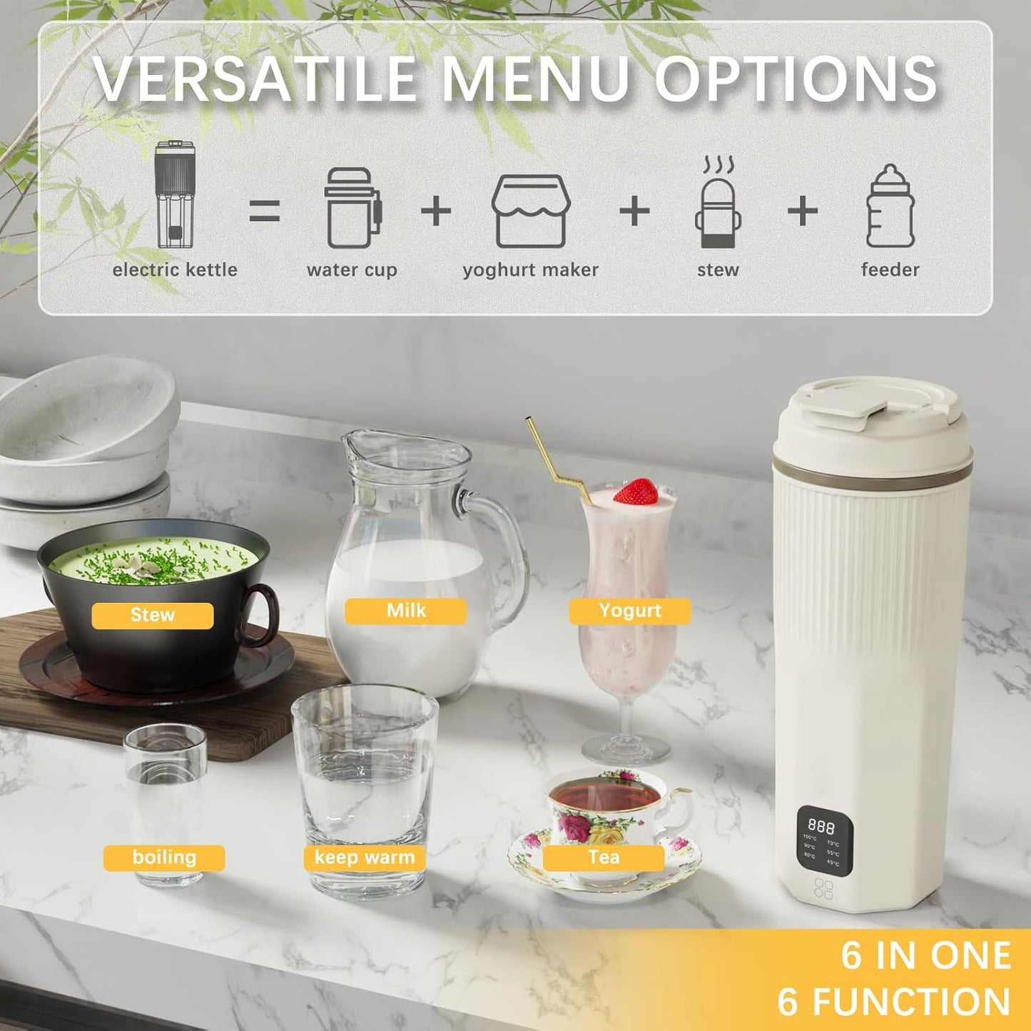 Oshotto 12/24V (CK04) Car Portable Electric Kettle 304 Stainless Steel Portable Kettle with 6 Temperature with Boil Dry Protection, BPA-Free For Travel Camping, Road Trip Warm White (450ml)