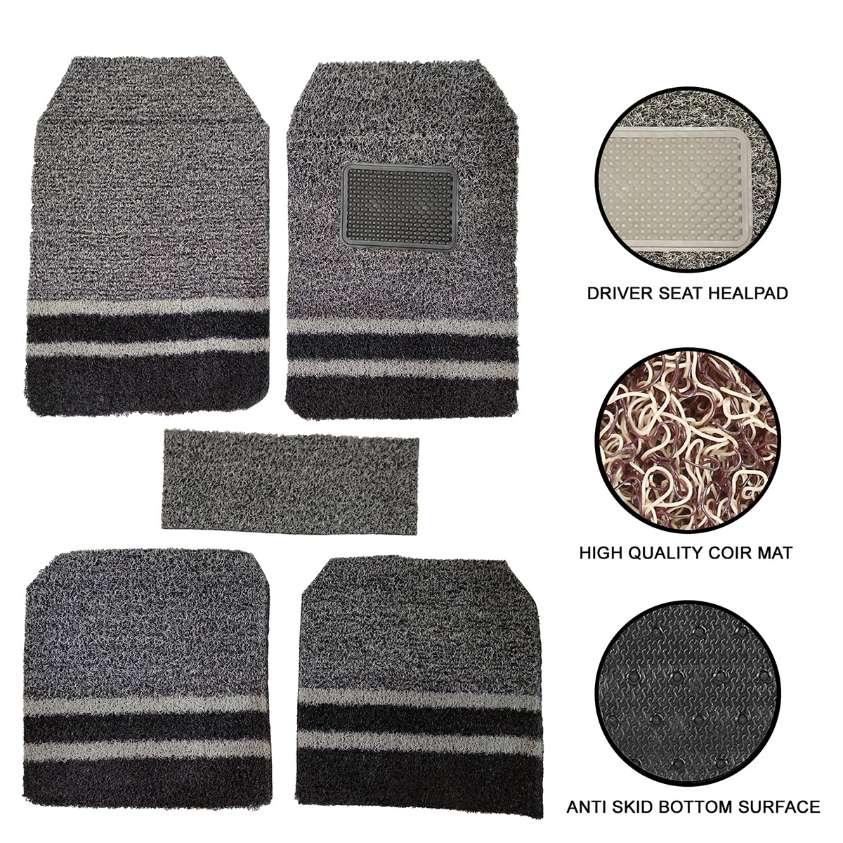 Oshotto Anti Skid Curly Noodle Grass 18mm Car Foot/Floor Mats for All Cars (Set of 5, Black,Grey)