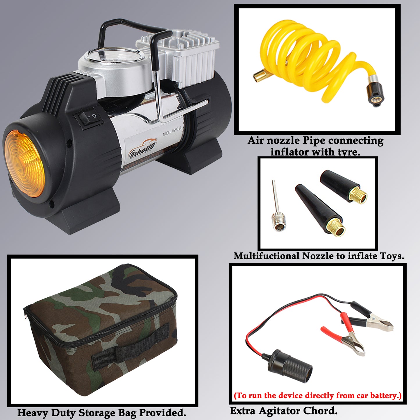 Oshotto 12V Heavy Duty with 100W Copper Motor Double Cylinder Air Compressor/Tyre Inflator-Steel Body