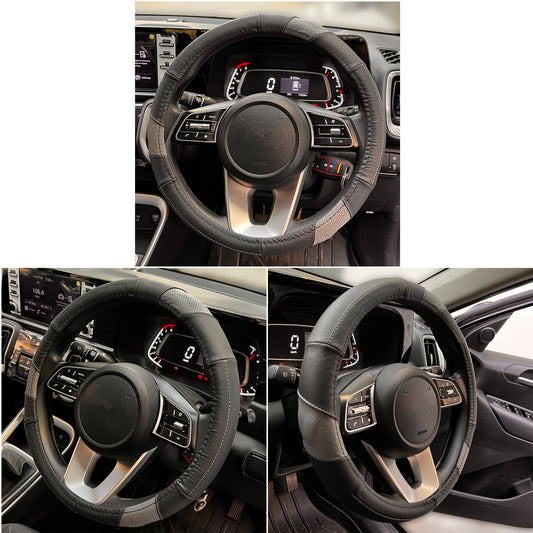 Oshotto SC-010-A Leather Car Steering Cover (Black, Grey, Medium)