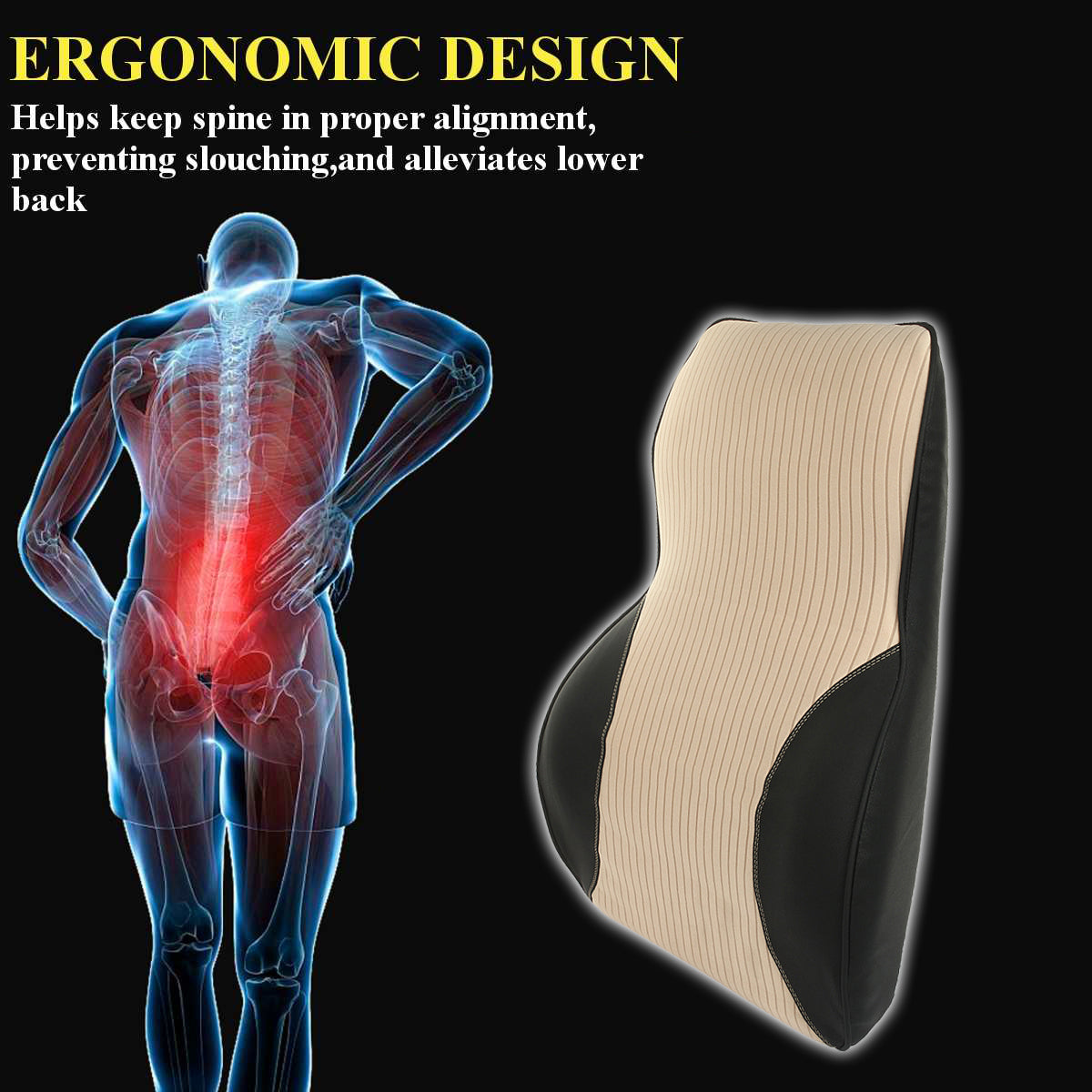 Oshotto Leatherite Finish Lumbar Support for Office Chair | Back Pillow for Car | Memory Foam Orthopedic Cushion - Provides Low Back Support (Beige, Black)
