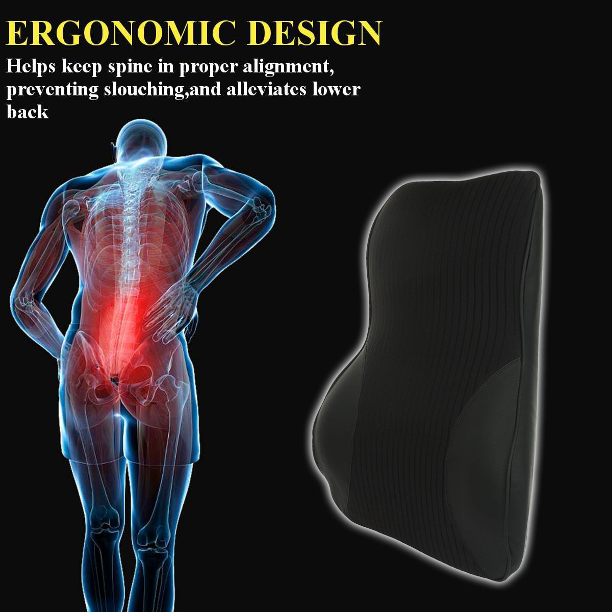 Oshotto Leatherite Finish Lumbar Support for Office Chair | Back Pillow for Car | Memory Foam Orthopedic Cushion - Provides Low Back Support (Black)