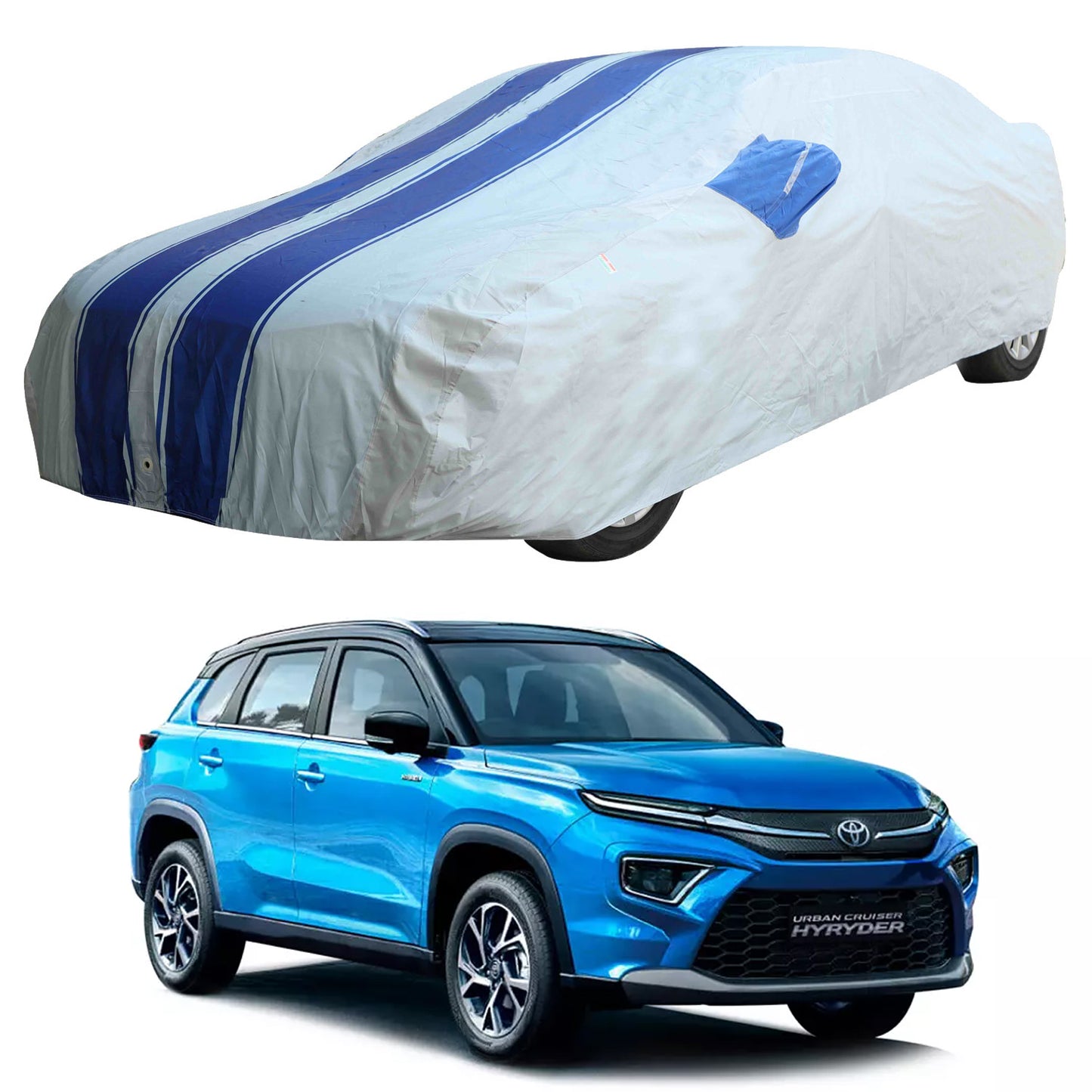 Oshotto 100% Blue dustproof and Water Resistant Car Body Cover with Mirror Pockets For Toyota Urban Cruiser Hyryder 2022 Onwards
