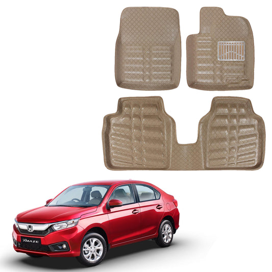 Oshotto 4D Artificial Leather Car Floor Mats For Honda Amaze (2018-2023 Model) - Set of 3 (2 pcs Front & one Long Single Rear pc) - Beige