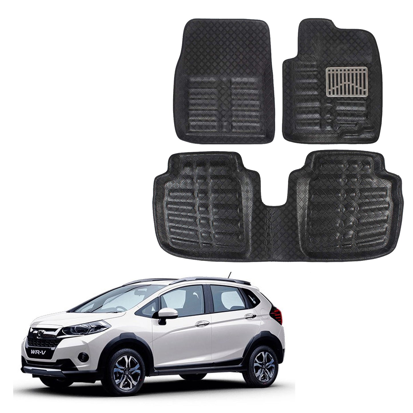 Oshotto 4D Artificial Leather Car Floor Mats For Honda WR-V - Set of 3 (2 pcs Front & one Long Single Rear pc) - Black