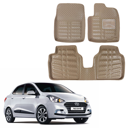 Oshotto 4D Artificial Leather Car Floor Mats For Hyundai Xcent - Set of 3 (2 pcs Front & one Long Single Rear pc) - Beige