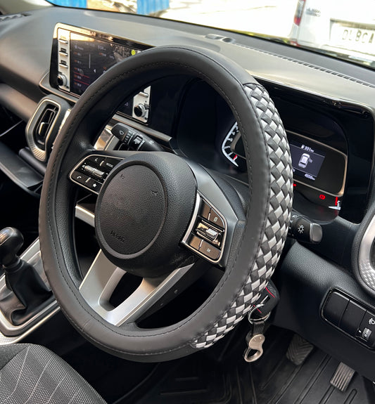 Oshotto SC-17 Fiber Leather Car Steering Cover For All Cars (Black, Grey)