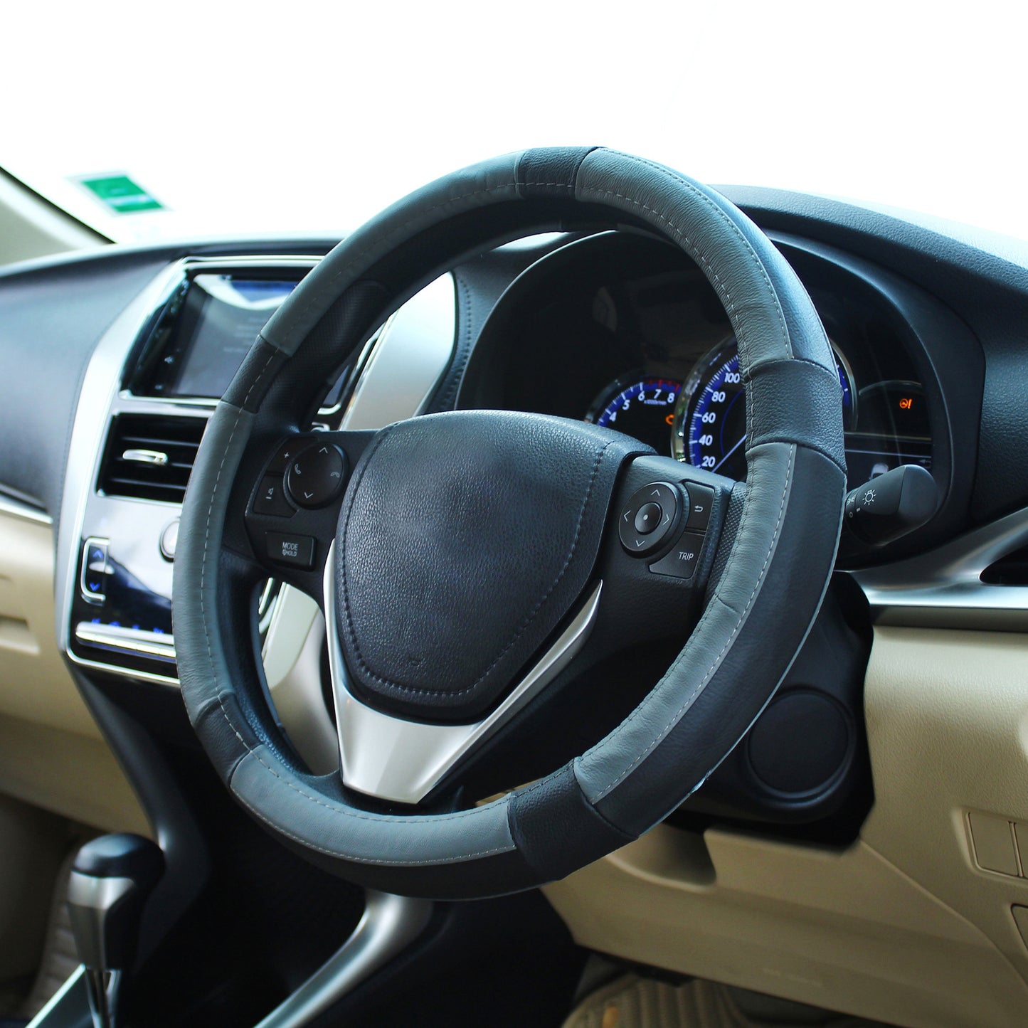 Oshotto SC-001 Leather Car Steering Cover (Black and Grey,Medium)