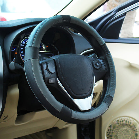 Oshotto SC-001 Leather Car Steering Cover (Black and Grey,Medium)