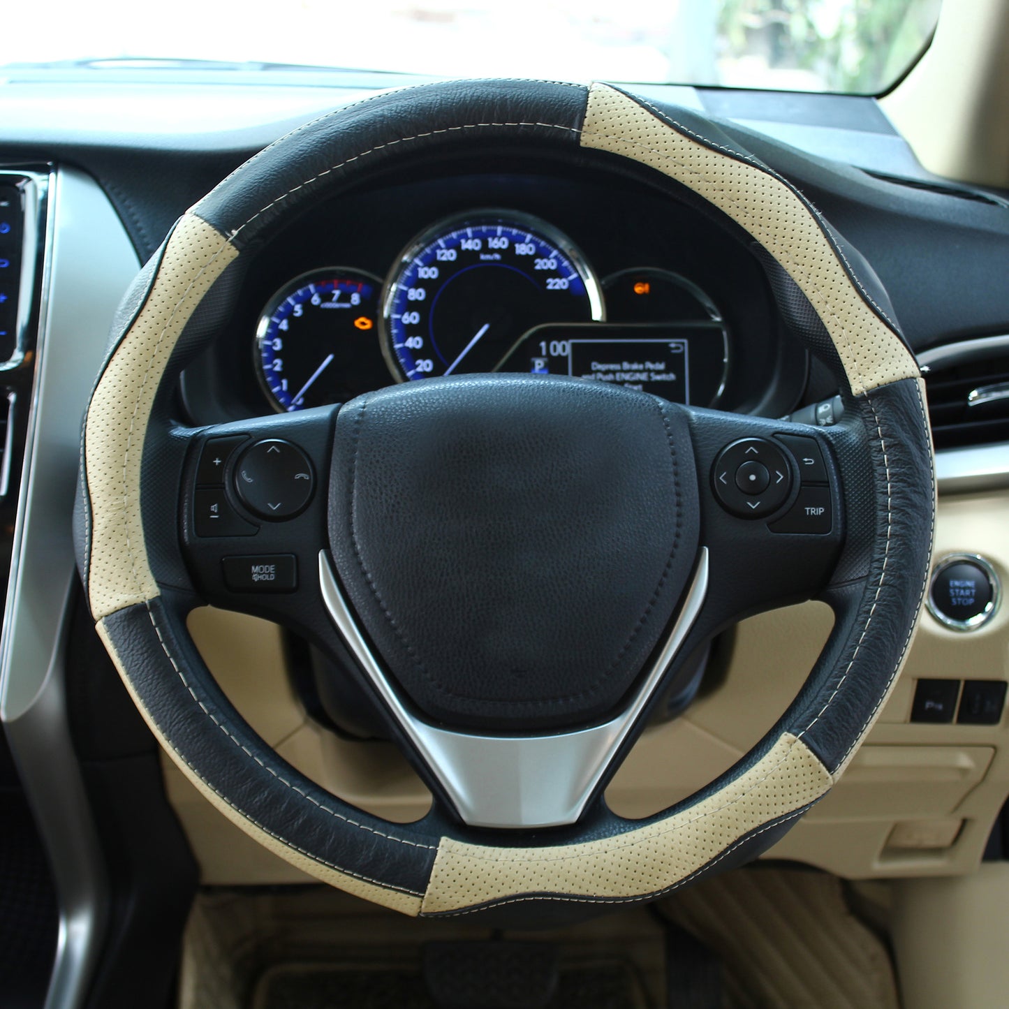 Oshotto SC-008 Leather Car Steering Cover (Black and Beige,Medium)