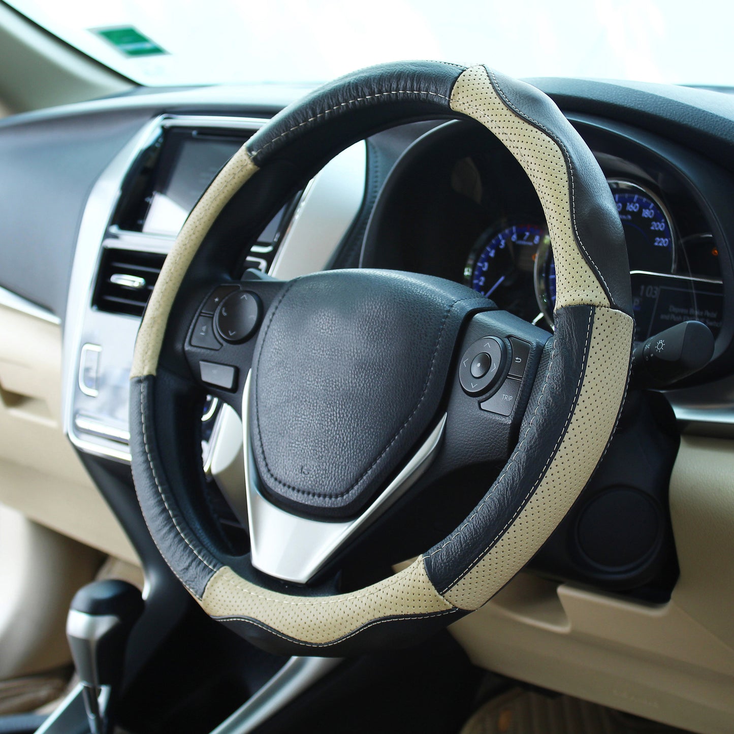 Oshotto SC-008 Leather Car Steering Cover (Black and Beige,Medium)