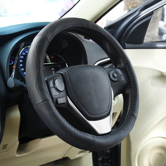 Oshotto SC-005 Leather Car Steering Cover (Black,Medium)
