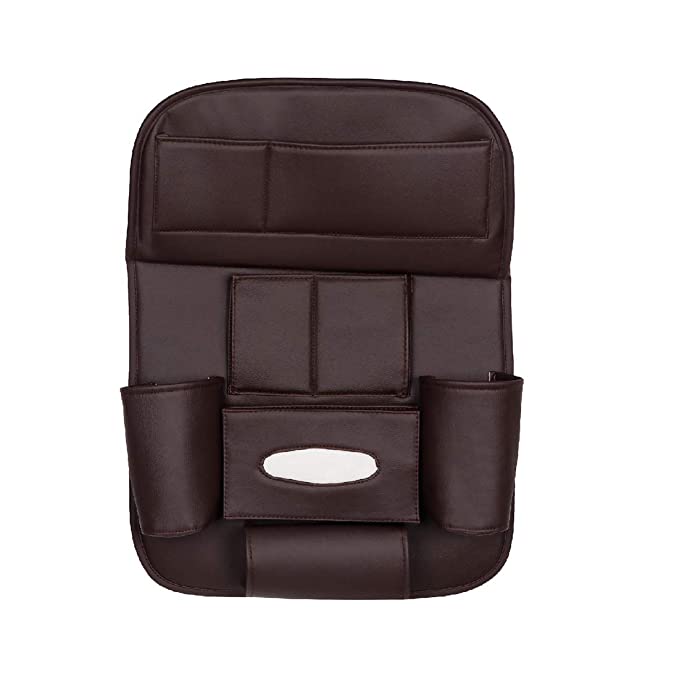 Oshotto Car Backseat Storage Organizer with Foldable Tray, Multi-Pocket for Bottles, Tissue Boxes Compatible with All Cars (Brown)