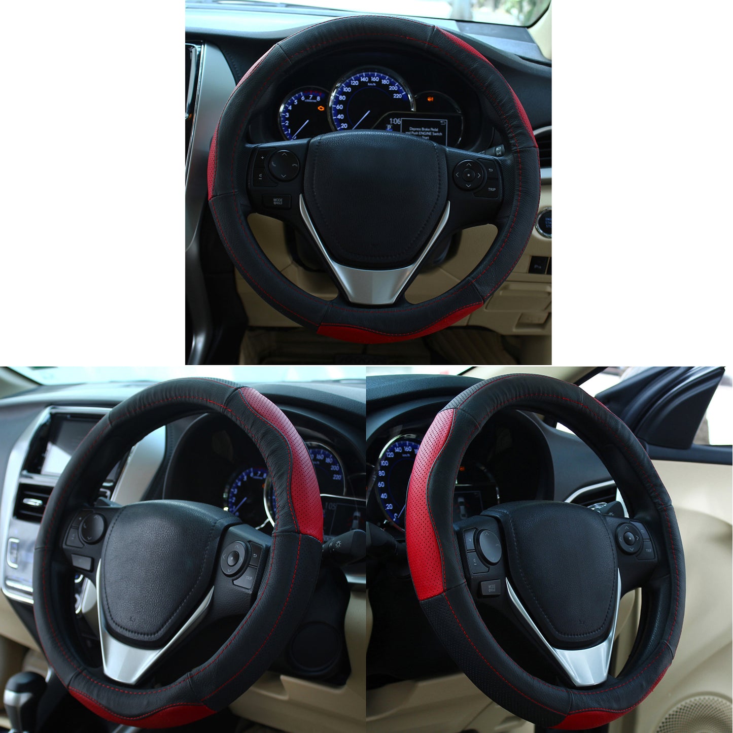 Oshotto SC-007 Leather Car Steering Cover (Black and Red,Medium)