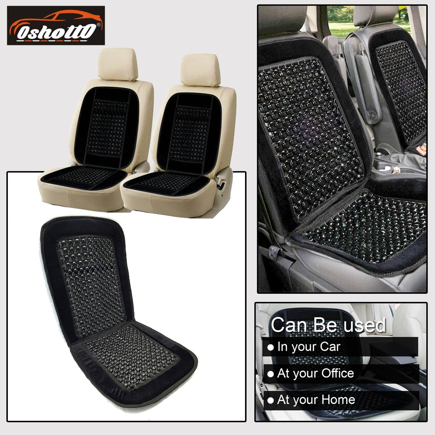 Oshotto Car Wooden Bead Seat Cushion with Velvet Border for All Cars - (Black) - 1 Piece