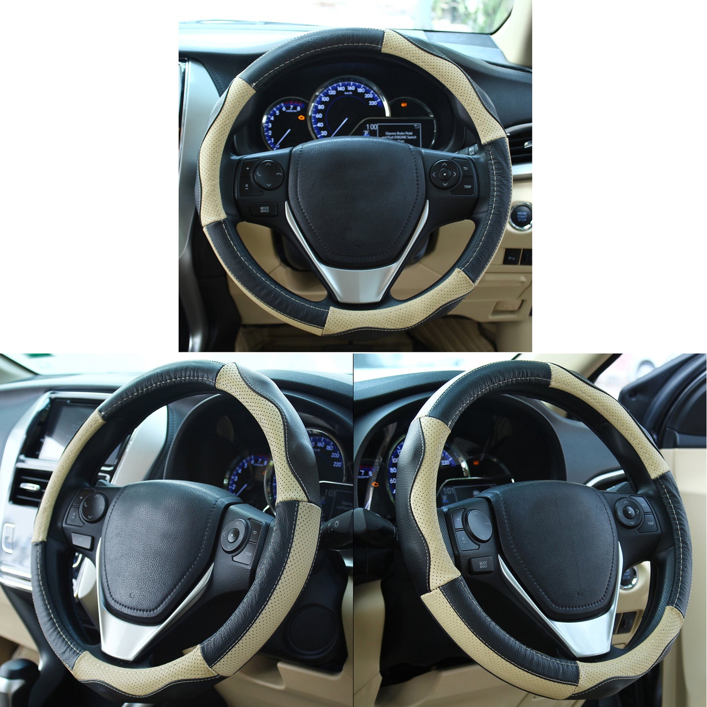 Oshotto SC-008 Leather Car Steering Cover (Black and Beige,Medium)