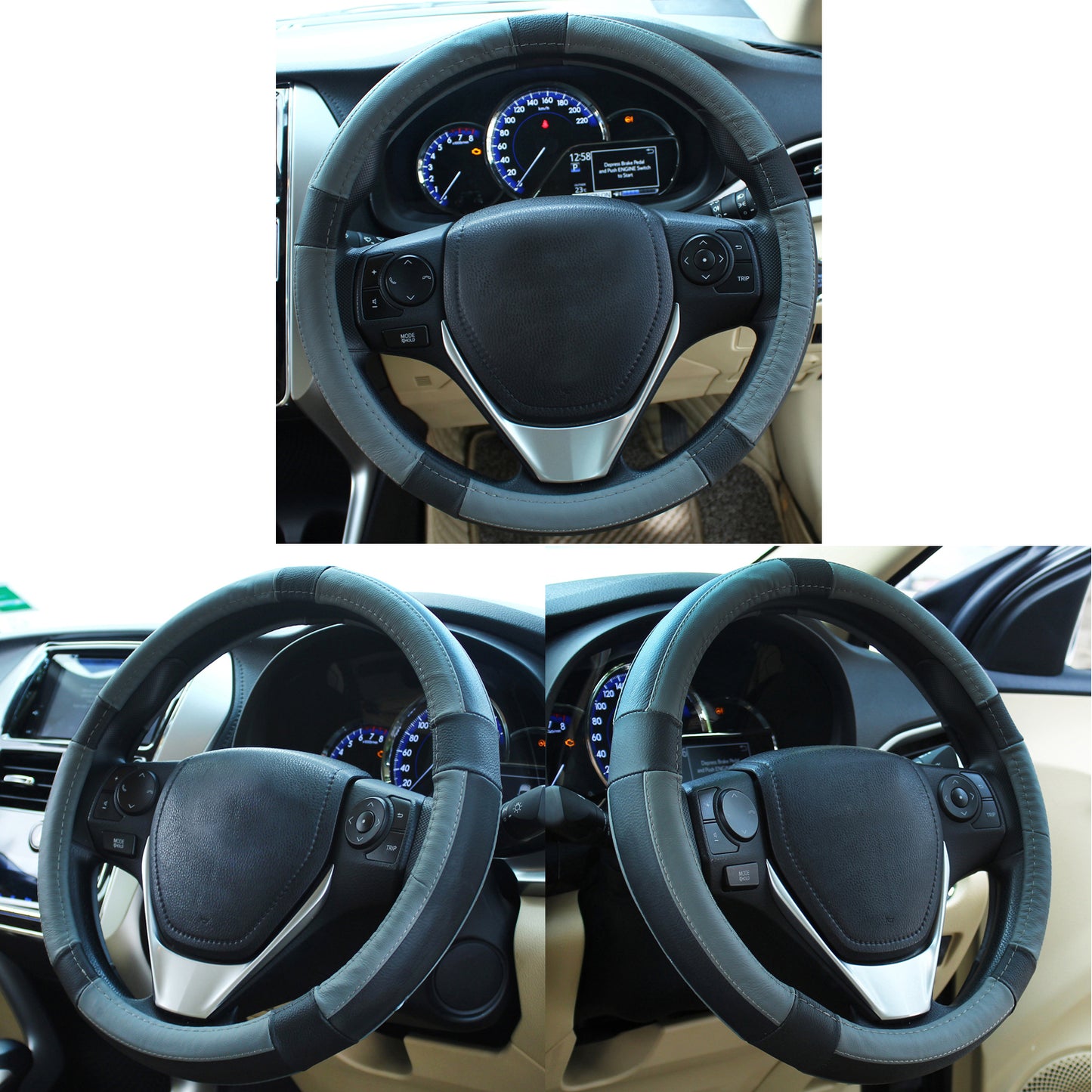 Oshotto SC-001 Leather Car Steering Cover (Black and Grey,Medium)