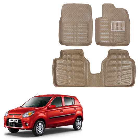 Oshotto 4D Artificial Leather Car Floor Mats For Maruti Suzuki Alto 800 - Set of 3 (2 pcs Front & one Long Single Rear pc) - Beige