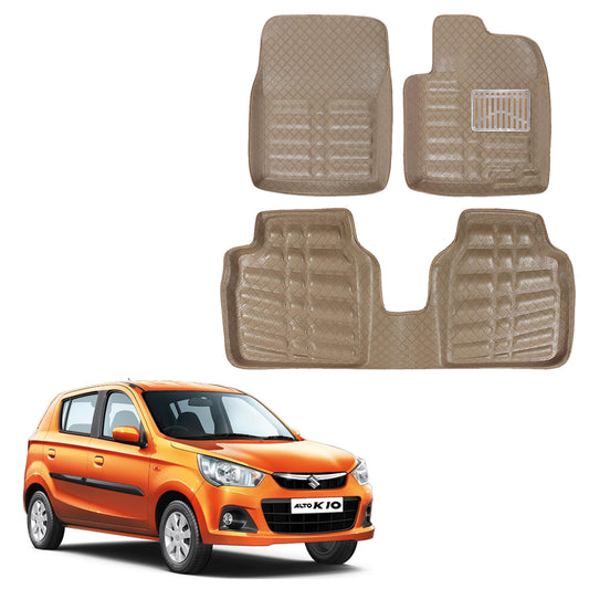 Oshotto 4D Artificial Leather Car Floor Mats For Maruti Suzuki Alto K10 - Set of 3 (2 pcs Front & one Long Single Rear pc) - Beige