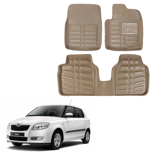 Oshotto 4D Artificial Leather Car Floor Mats For Skoda Fabia - Set of 3 (2 pcs Front & one Long Single Rear pc) - Beige