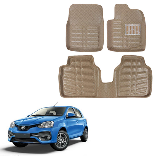 Oshotto 4D Artificial Leather Car Floor Mats For Toyota Etios Liva - Set of 3 (2 pcs Front & one Long Single Rear pc) - Beige