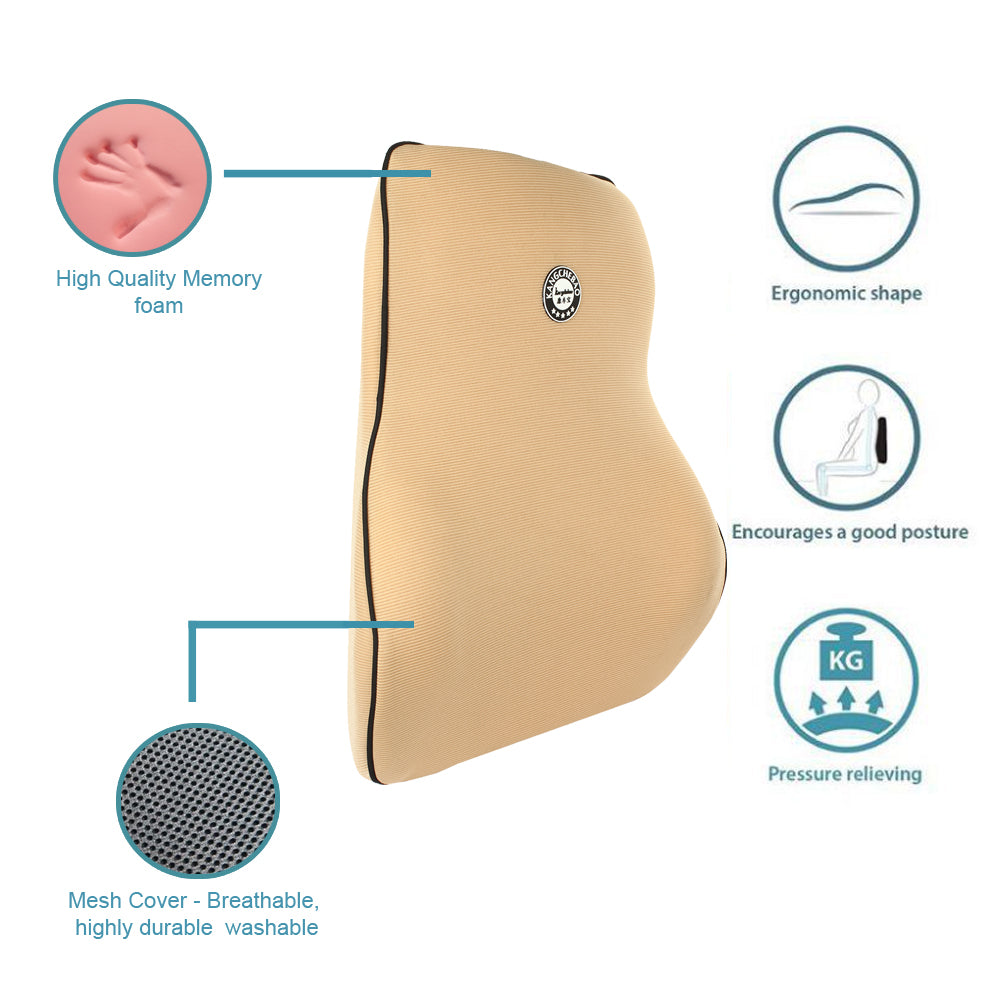 Oshotto Air Fabric Lumbar Support for Office Chair | Back Pillow for Car | Memory Foam Orthopedic Cushion - Provides Low Back Support (Beige)