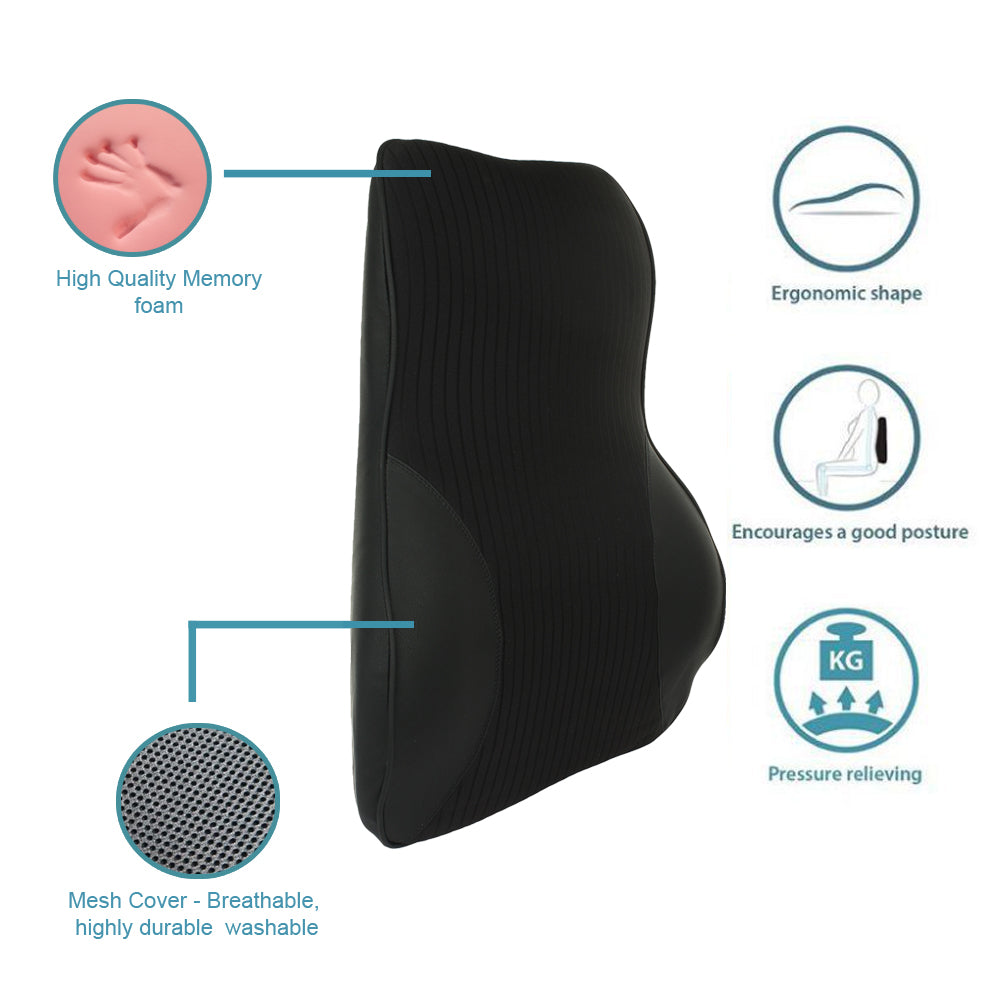 Oshotto Leatherite Finish Lumbar Support for Office Chair | Back Pillow for Car | Memory Foam Orthopedic Cushion - Provides Low Back Support (Black)