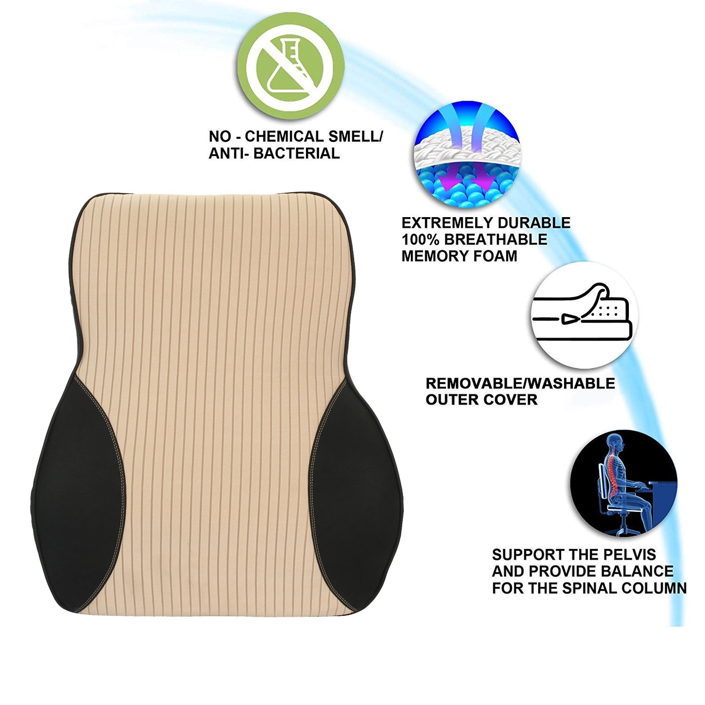 Oshotto Leatherite Finish Lumbar Support for Office Chair | Back Pillow for Car | Memory Foam Orthopedic Cushion - Provides Low Back Support (Beige, Black)