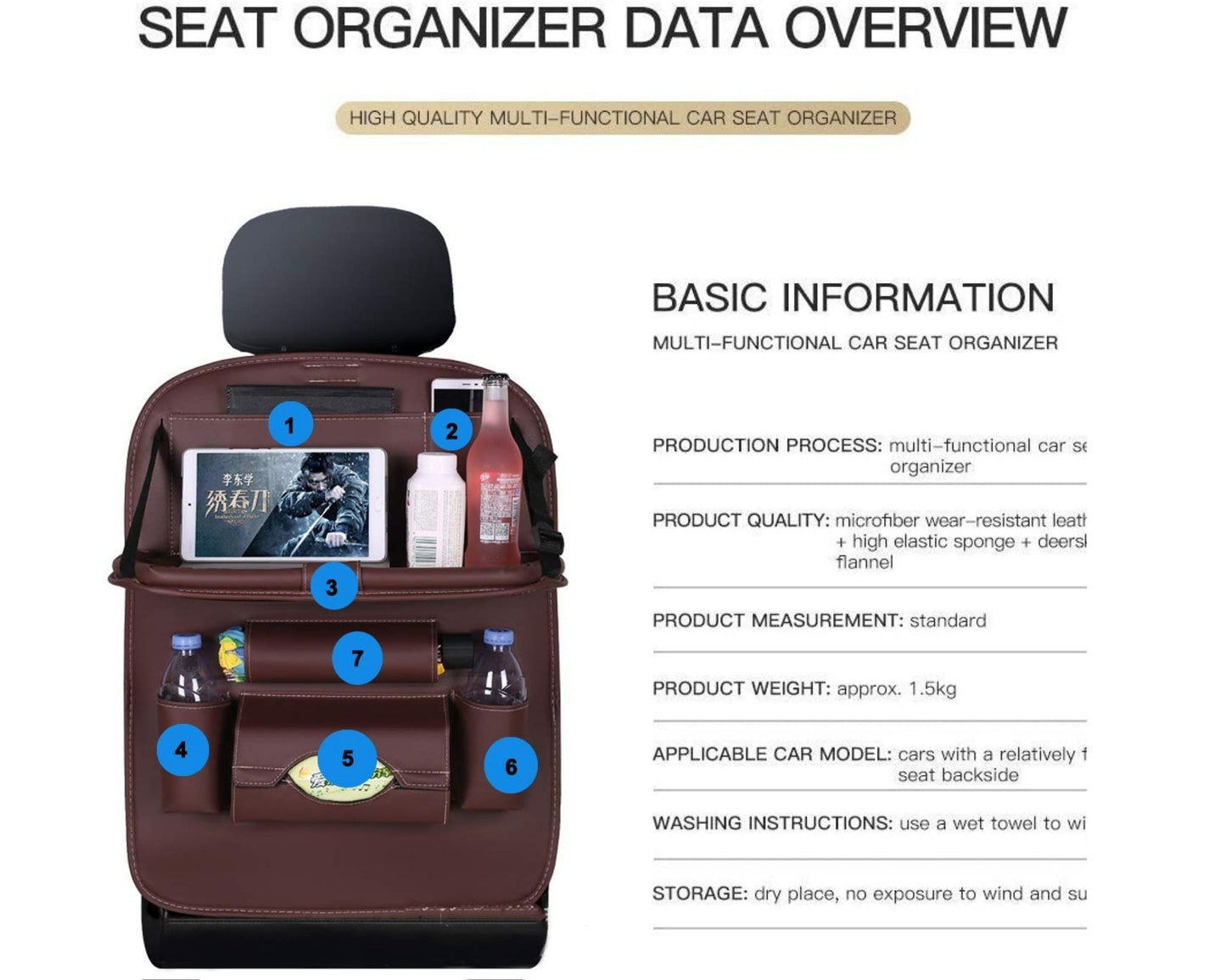 Oshotto Car Backseat Storage Organizer with Foldable Tray, Multi-Pocket for Bottles, Tissue Boxes Compatible with All Cars (Brown)