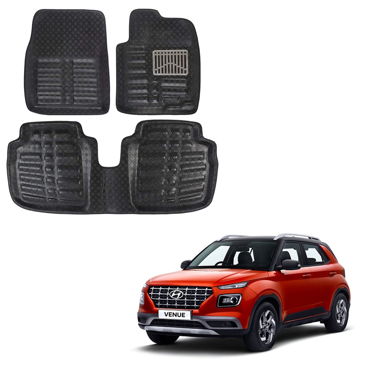 Oshotto 4D Artificial Leather Car Floor Mats For Hyundai Venue - Set of 3 (2 pcs Front & one Long Single Rear pc) - Black