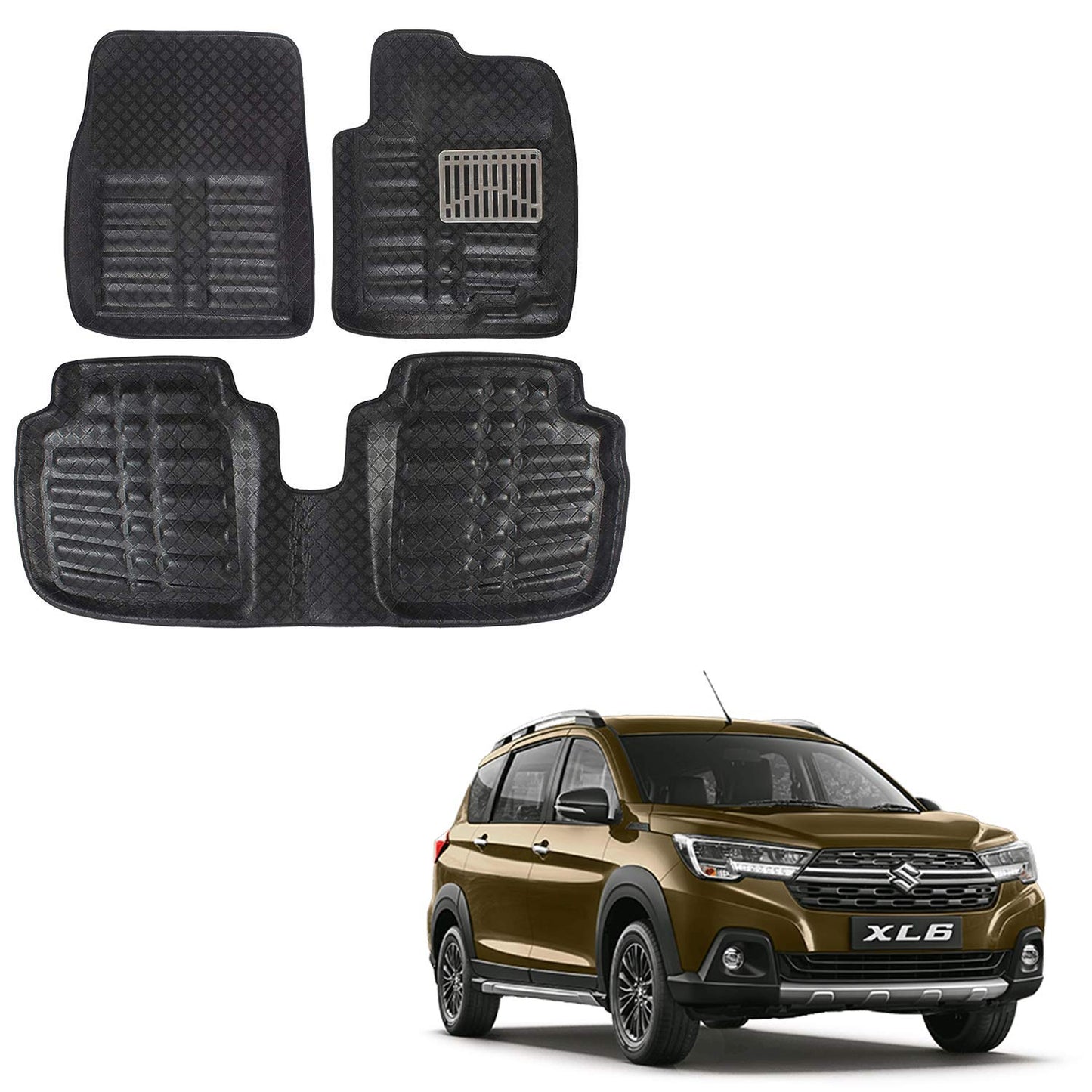 Oshotto 4D Artificial Leather Car Floor Mats For Maruti Suzuki XL6 - Set of 4 (Complete Mat with Third Row) - Black