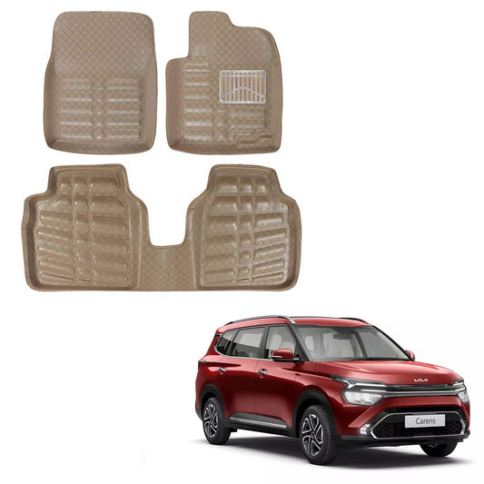 Oshotto 4D Artificial Leather Car Floor Mats For KIA Carens - Set of 5 (Complete Mat with 3rd Row and Dicky) - Beige