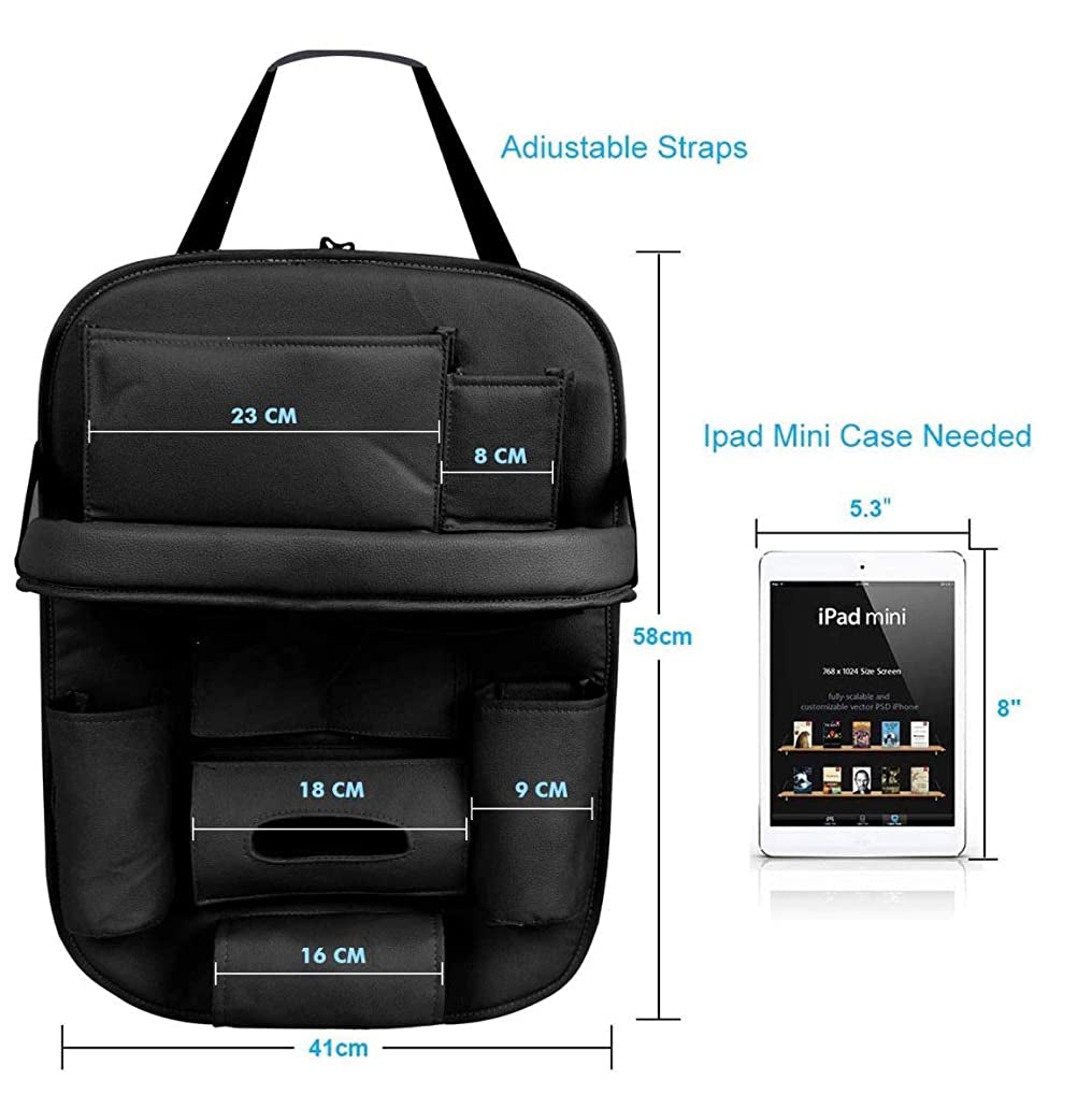 Oshotto Car Backseat Storage Organizer with Foldable Tray, Multi-Pocket for Bottles, Tissue Boxes Compatible with All Cars (Black)