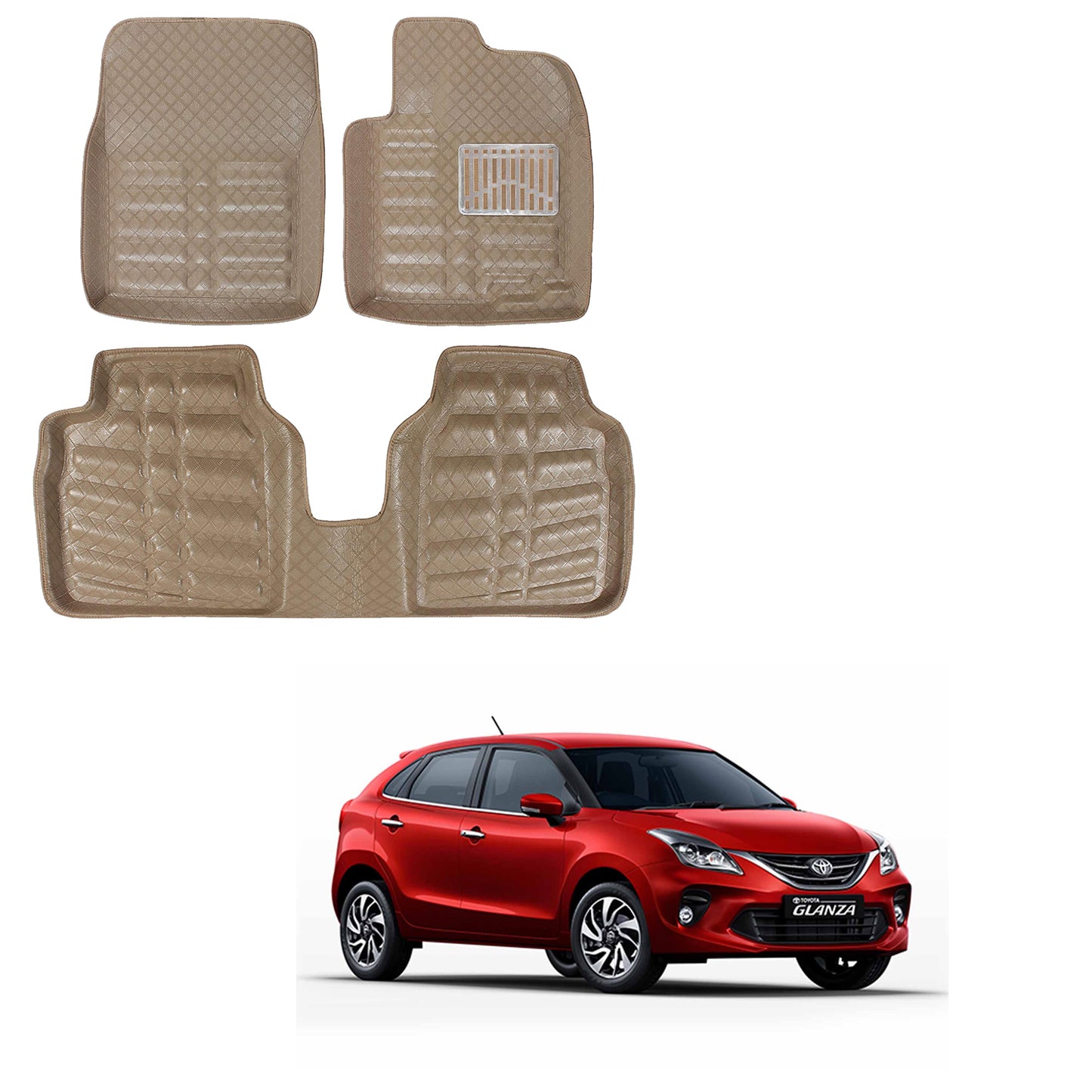 Oshotto 4D Beige Car Tray Mats For Toyota Glanza All Models - Set of 3 (2 pcs Front & one Long Single Rear pc)