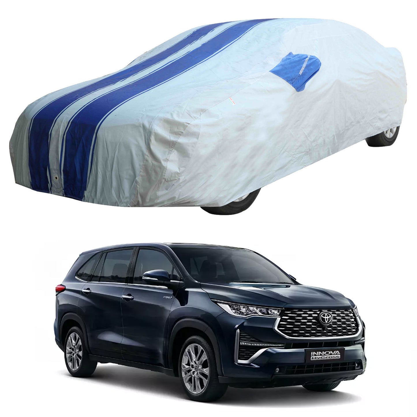 Oshotto 100% dustproof and Water Resistant Car Body Cover with Mirror Pockets For Toyota Innova Hycross (Blue)