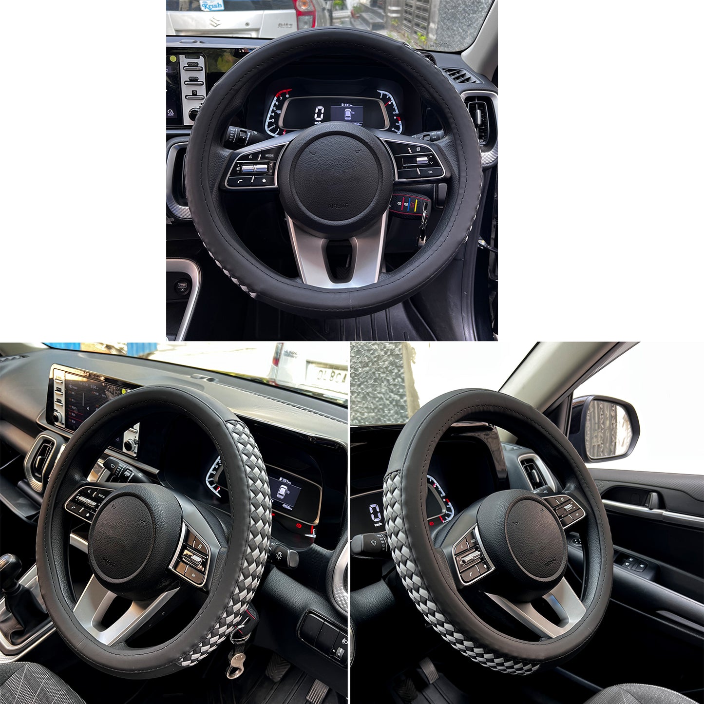 Oshotto SC-17 Fiber Leather Car Steering Cover For All Cars (Black, Grey)