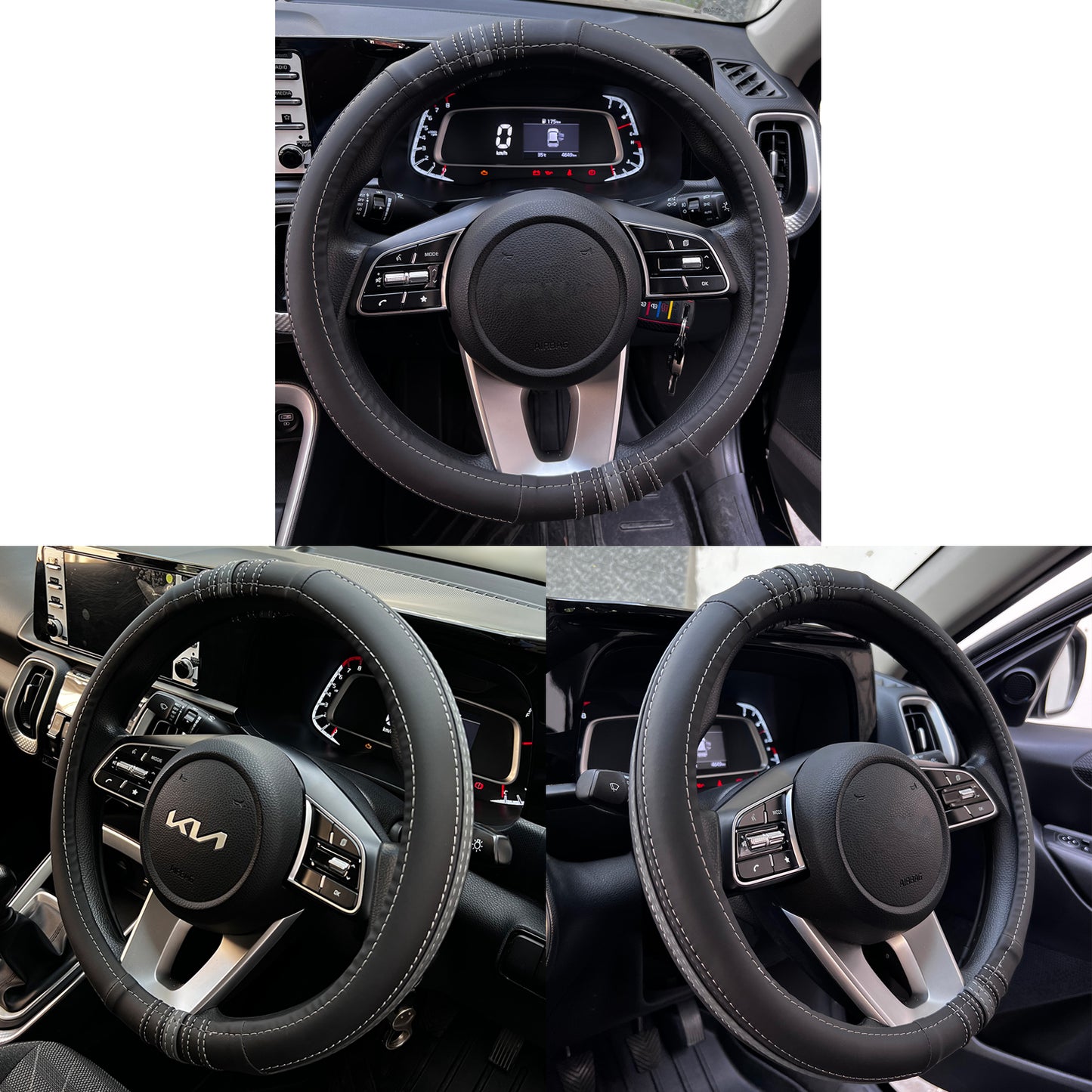 Oshotto SC-18 Fiber Leather Car Steering Cover For All Cars (Black, Grey)