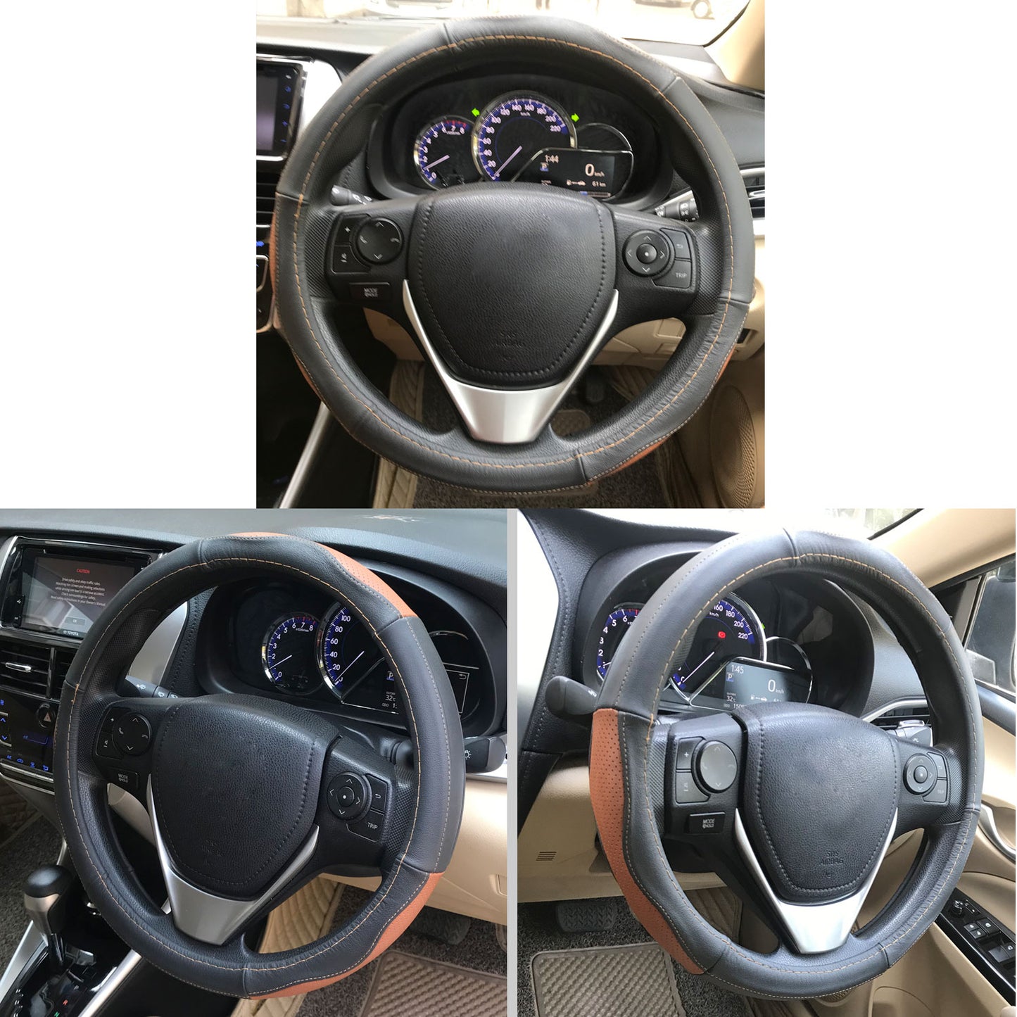 Oshotto SC-002 Leather Car Steering Cover (Black and Tan,Medium)