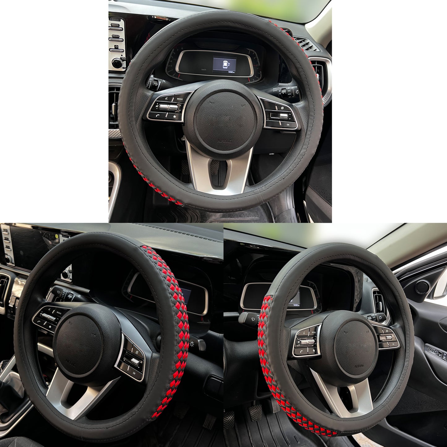 Oshotto SC-16 Fiber Leather Car Steering Cover For All Cars (Black, Red)