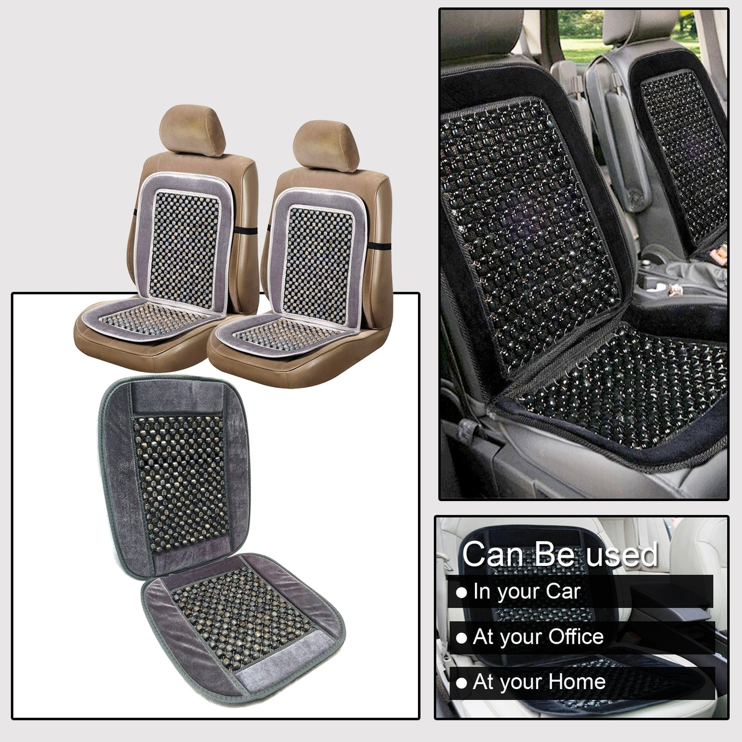 Oshotto Car Wooden Bead Seat Cushion with Velvet Border for All Cars - (Grey) - 1 Piece