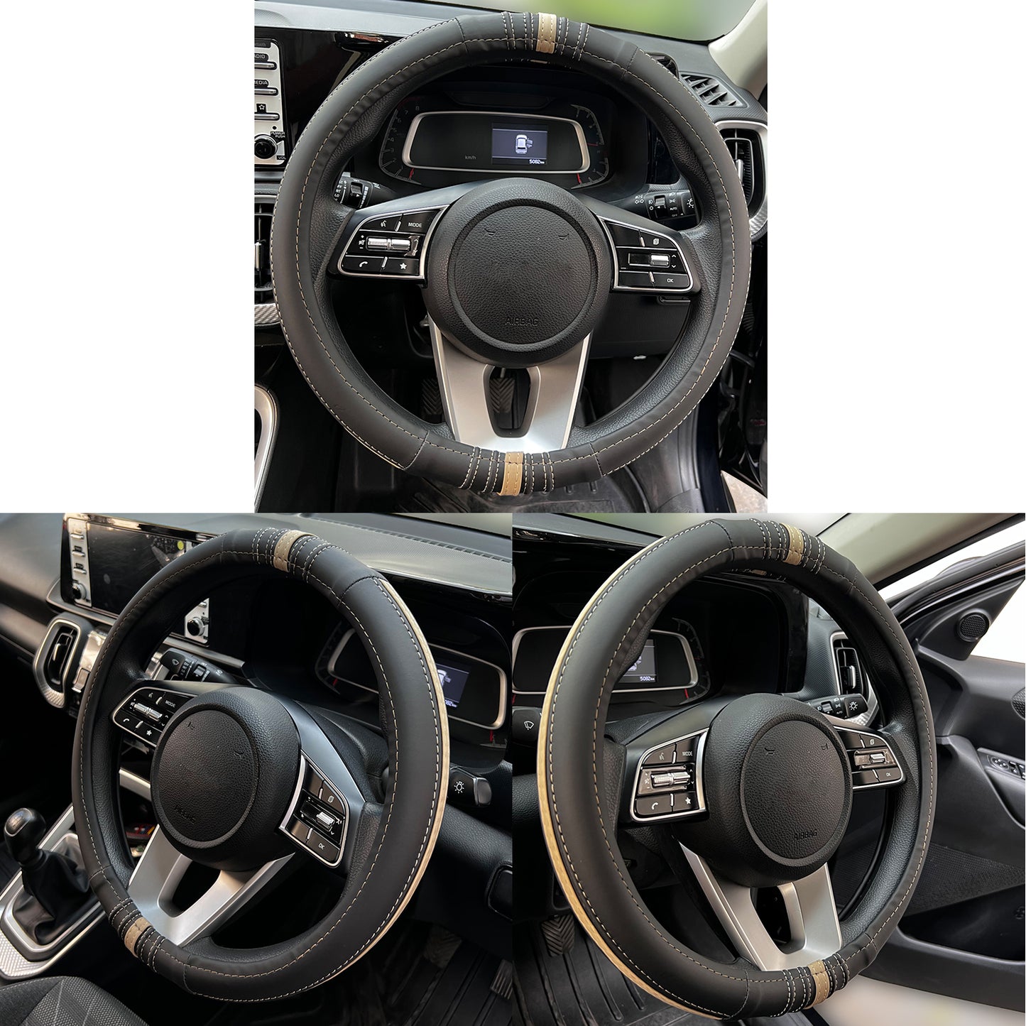 Oshotto SC-19 Fiber Leather Car Steering Cover For All Cars (Black, Beige)