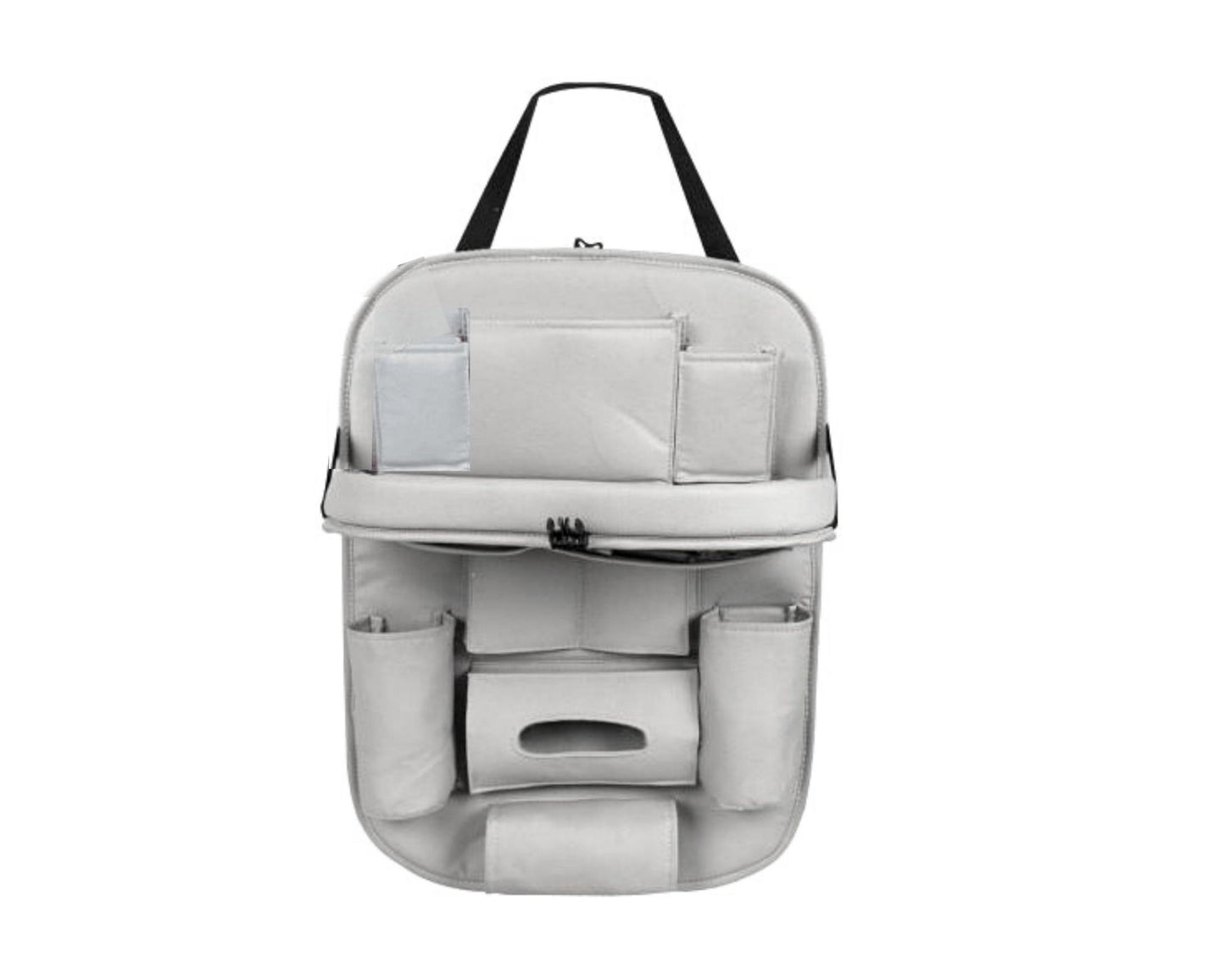 Oshotto Car Backseat Storage Organizer with Foldable Tray, Multi-Pocket for Bottles, Tissue Boxes Compatible with All Cars (Dark Grey)