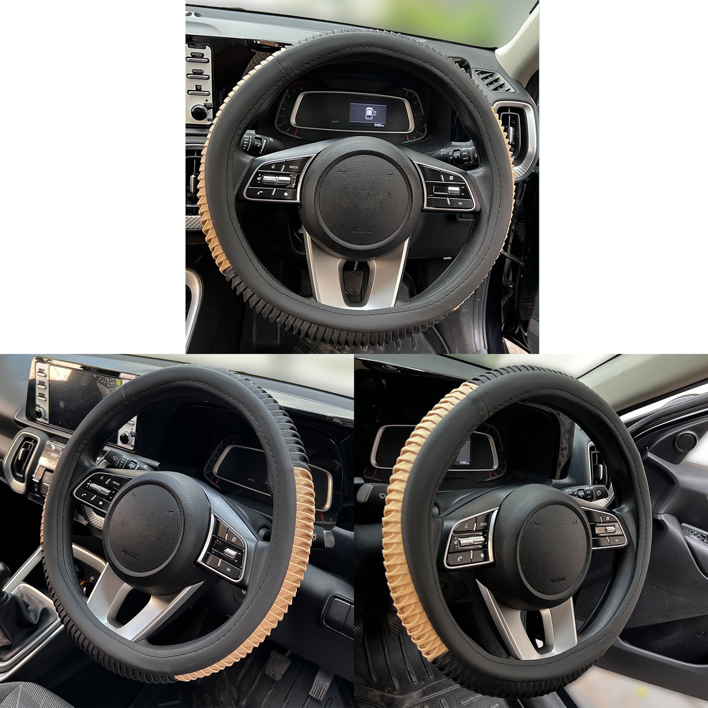 Oshotto SC-12 Fiber Leather Car Steering Cover For All Cars (Black, Beige)