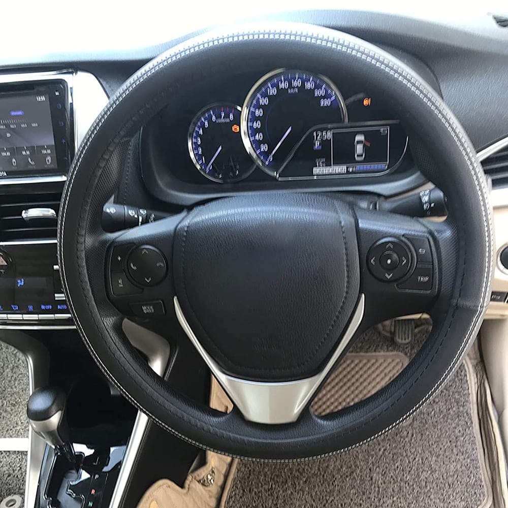 Oshotto Artifical Leather SC-13 Car Steering Cover for All Cars (Black with White Thread)