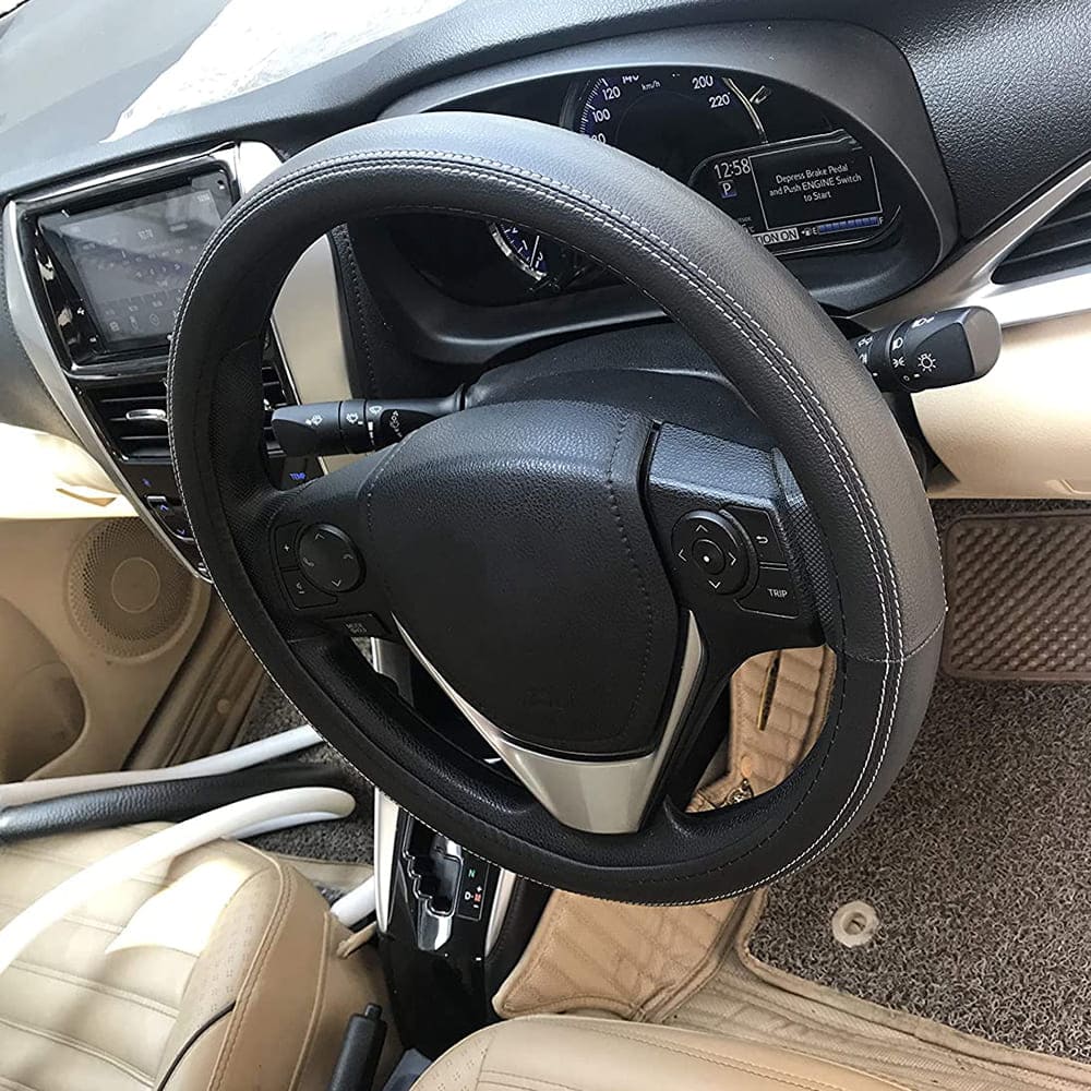 Oshotto Artifical Leather SC-13 Car Steering Cover for All Cars (Black with White Thread)