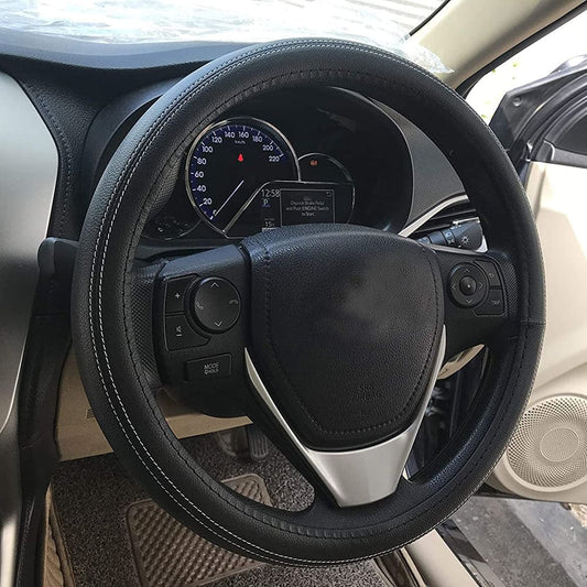 Oshotto Artifical Leather SC-13 Car Steering Cover for All Cars (Black with White Thread)