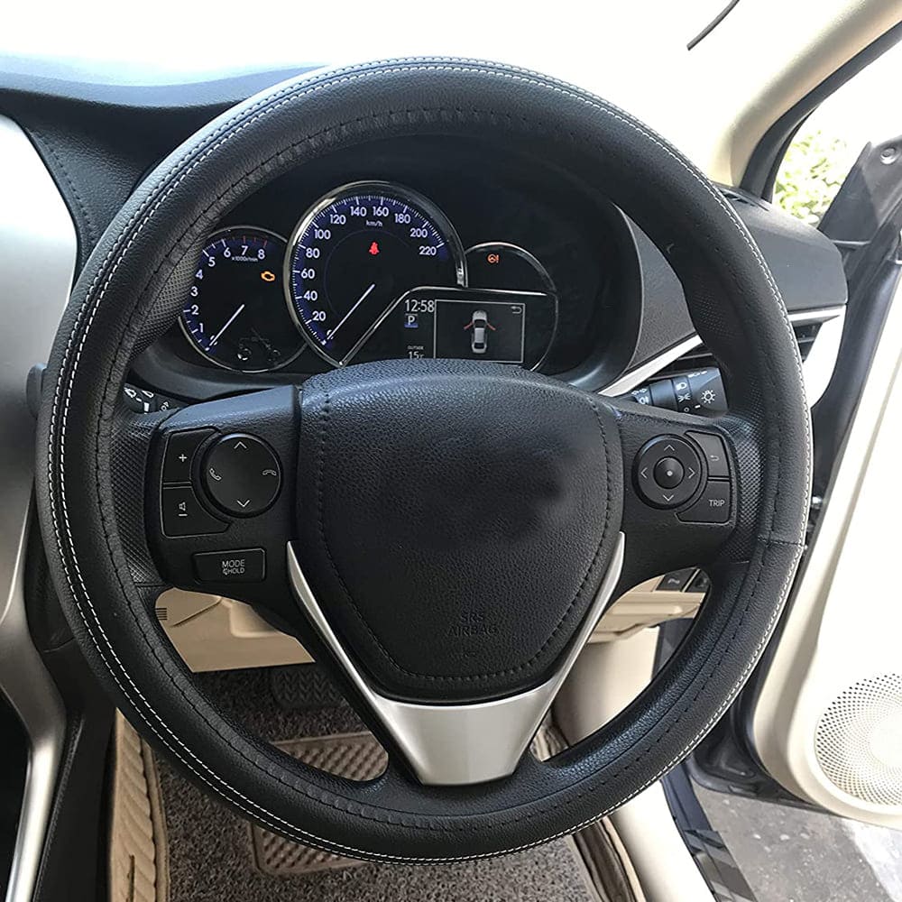 Oshotto Artifical Leather SC-13 Car Steering Cover for All Cars (Black with White Thread)